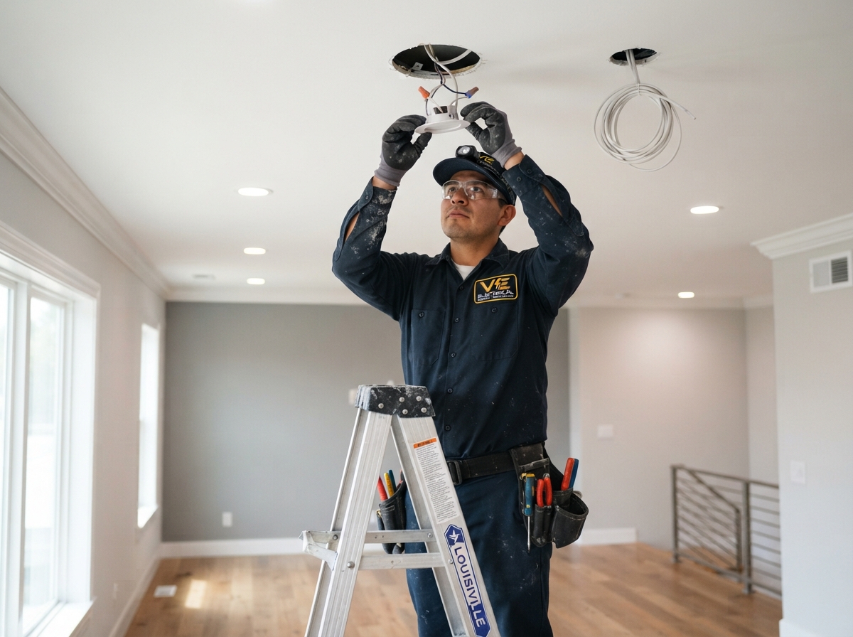 Mexican electrician in VE Electrical uniform installing recessed LED can lights in Dallas home