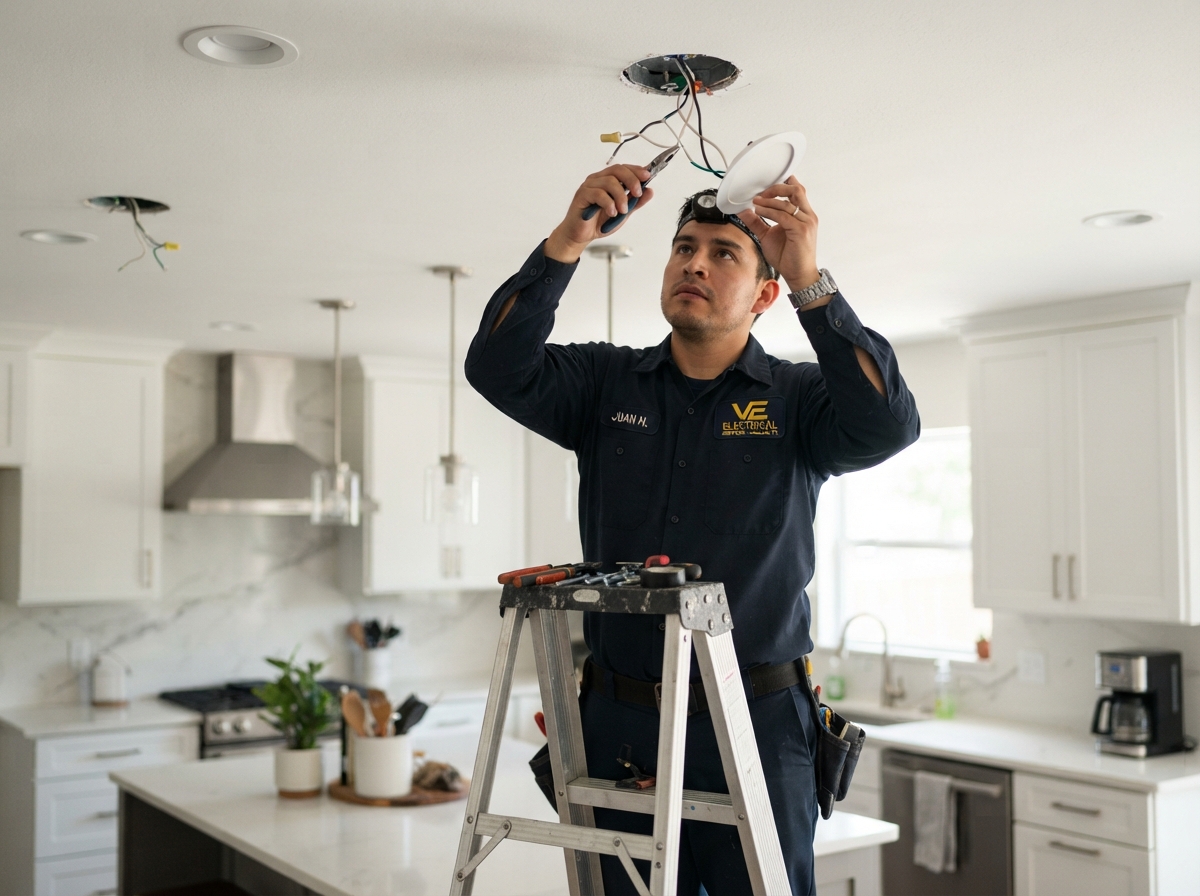 Mexican electrician in VE Electrical uniform installing recessed LED lighting in Dallas home kitchen
