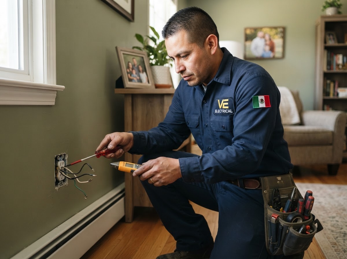 Mexican electrician in VE Electrical uniform repairing home outlet and wiring in Dallas