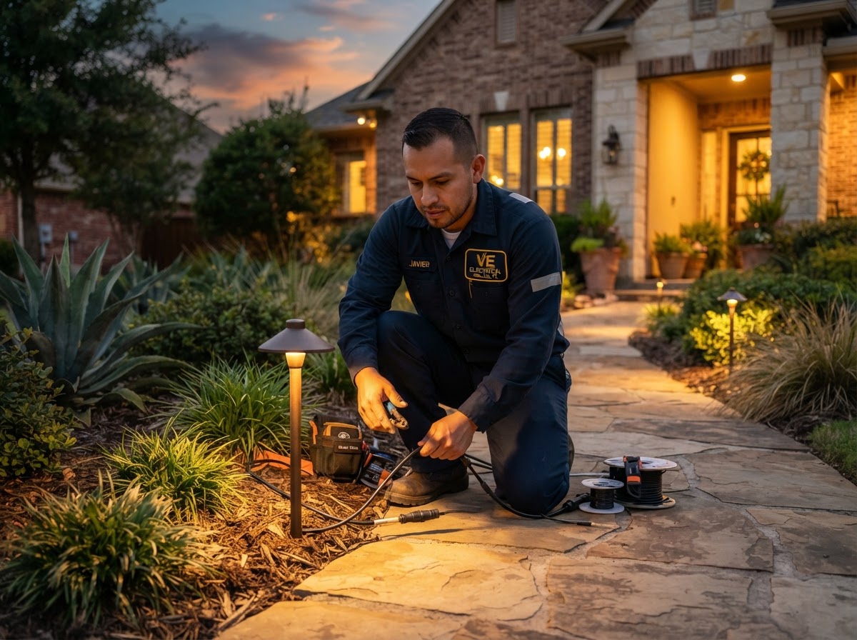 Mexican electrician in VE Electrical uniform installing landscape lighting at Dallas Texas home at dusk