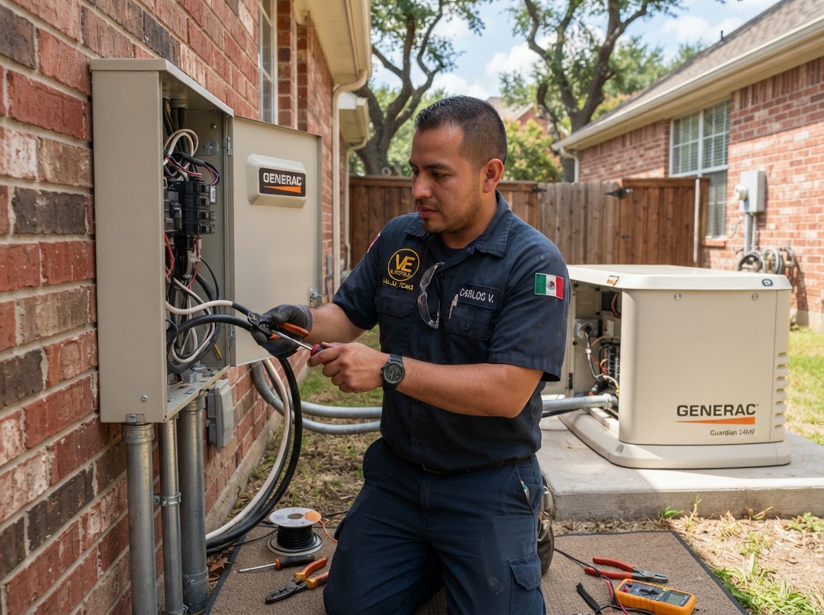 Mexican electrician in VE Electrical uniform installing whole home standby generator in Dallas Texas