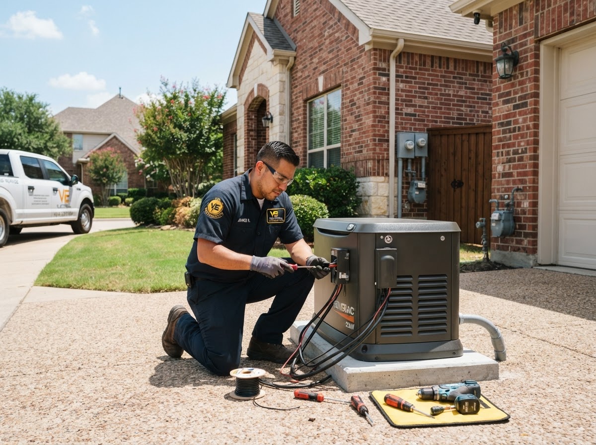 Mexican electrician in VE Electrical uniform installing whole home standby generator at Dallas Texas house