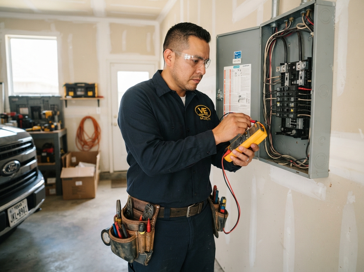 Mexican electrician in VE Electrical uniform inspecting residential electrical panel box in Dallas Fort Worth