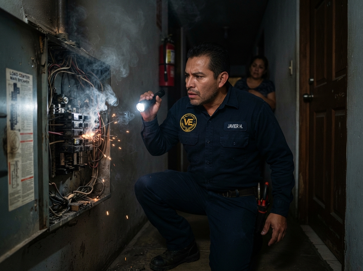 Mexican electrician in VE Electrical uniform responding to emergency electrical call in Dallas house