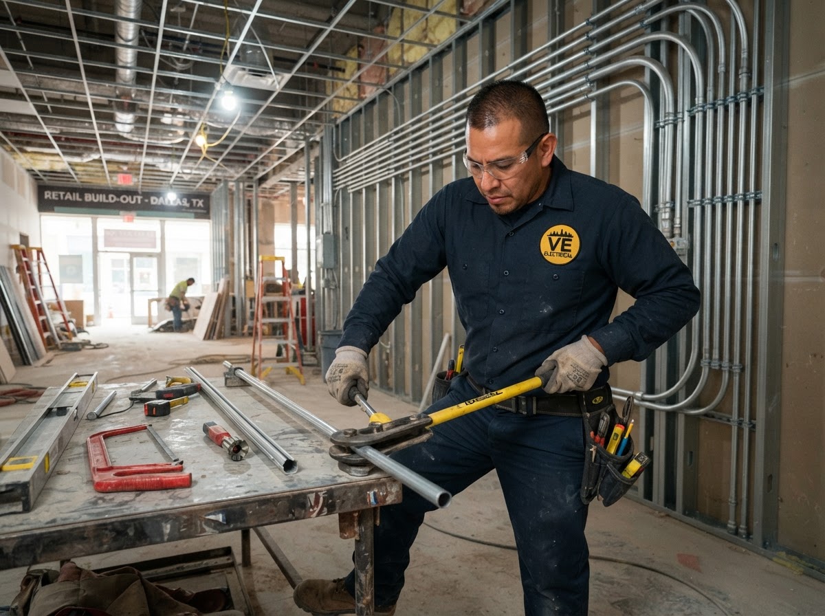 Mexican electrician in VE Electrical uniform installing commercial conduit for Dallas retail build