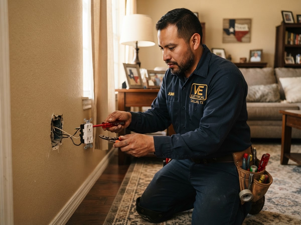 Mexican electrician in VE Electrical uniform replacing damaged outlet in Dallas home
