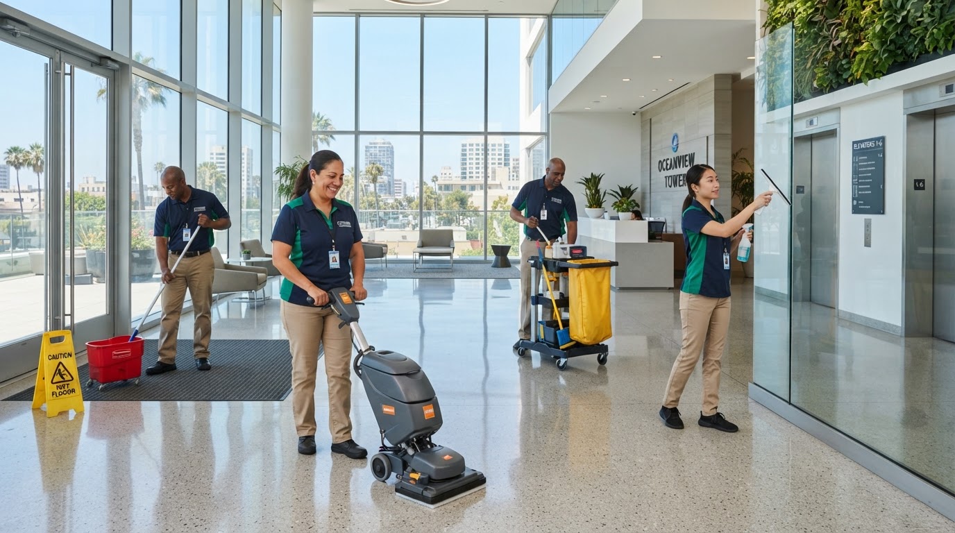 Angis Maintenance daily commercial cleaning team in Long Beach
