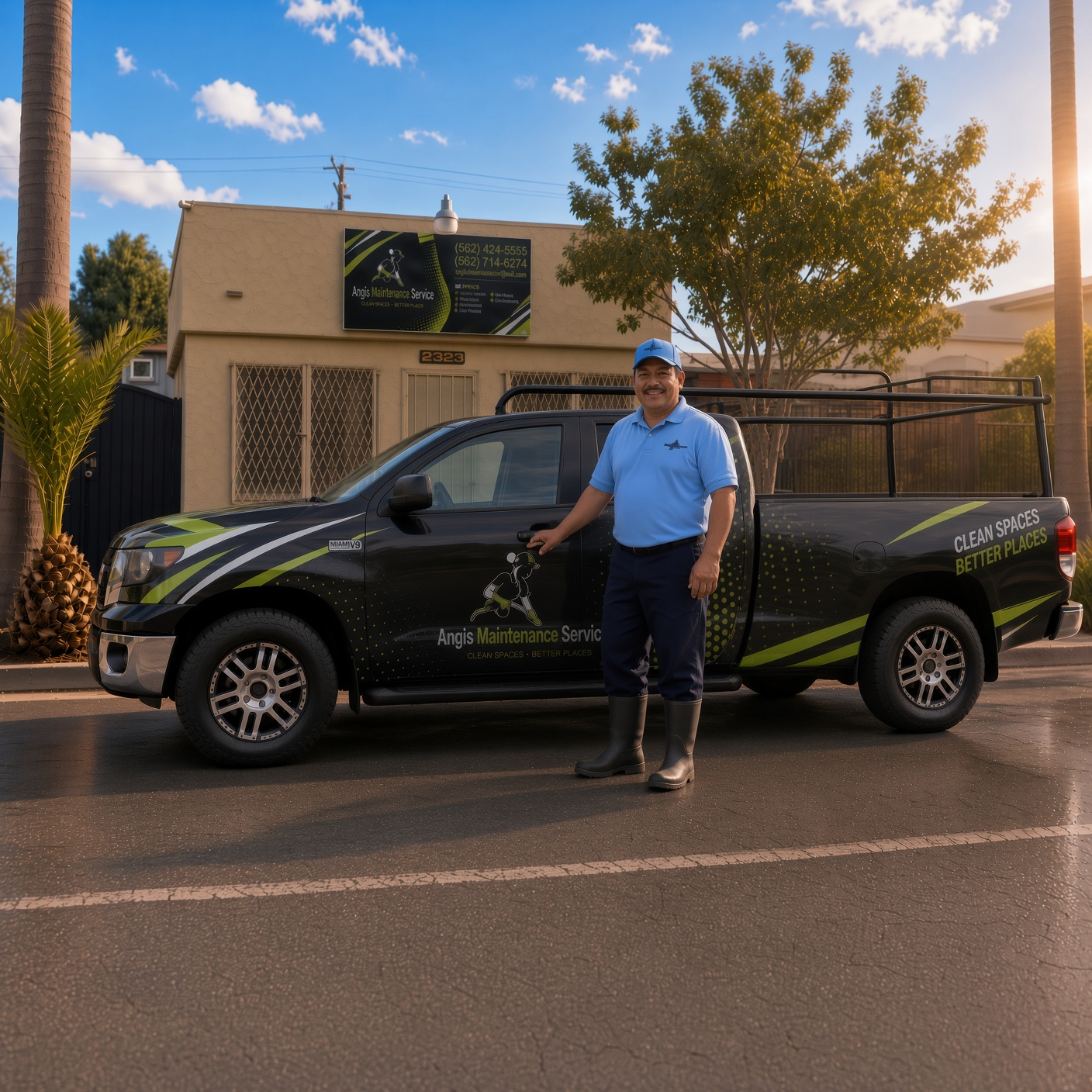 Angis Maintenance Service INC owner with branded service truck in Long Beach