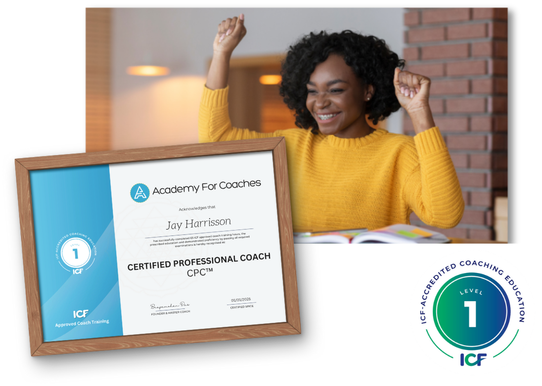 Academy graduate Jay Harrisson celebrating with her Certified Professional Coach certificate