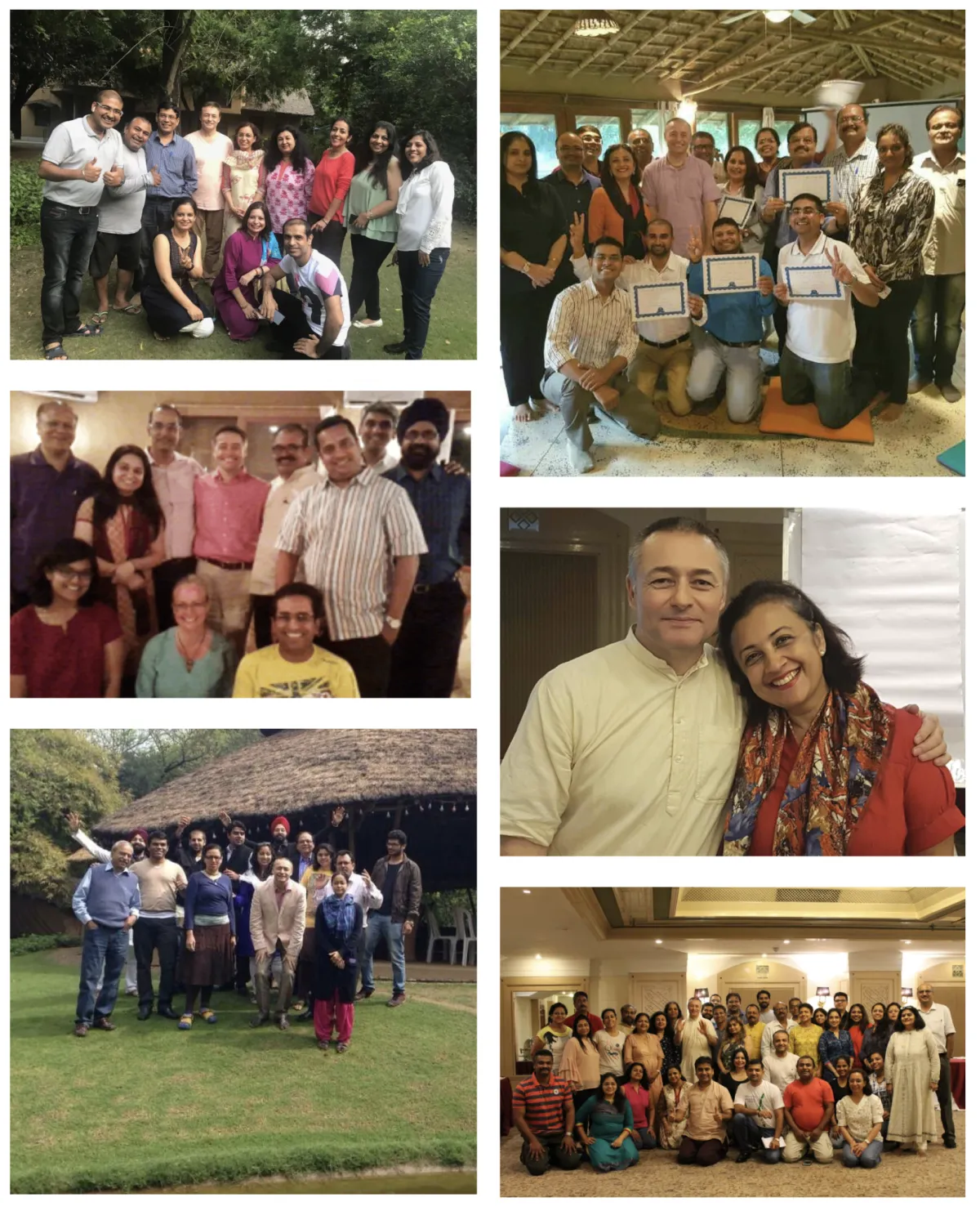 A collage of real photos from Academy for Coaches training sessions — Braja with his students, graduation ceremonies, and coaching groups