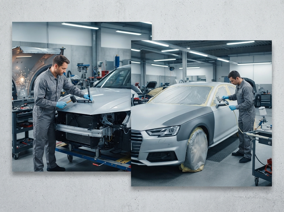 Collision repair technicians working on a damaged vehicle at Exclusive Collision