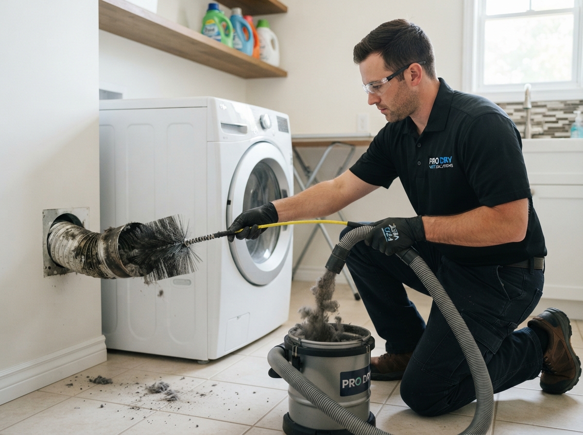 Technician cleaning a dryer vent duct with a specialized brush and vacuum