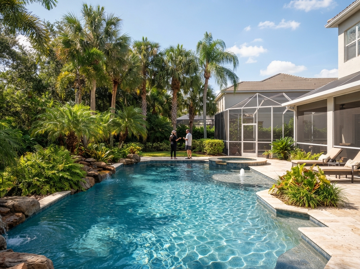 Florida Leak Locators team talking with a homeowner poolside at a Central Florida swimming pool