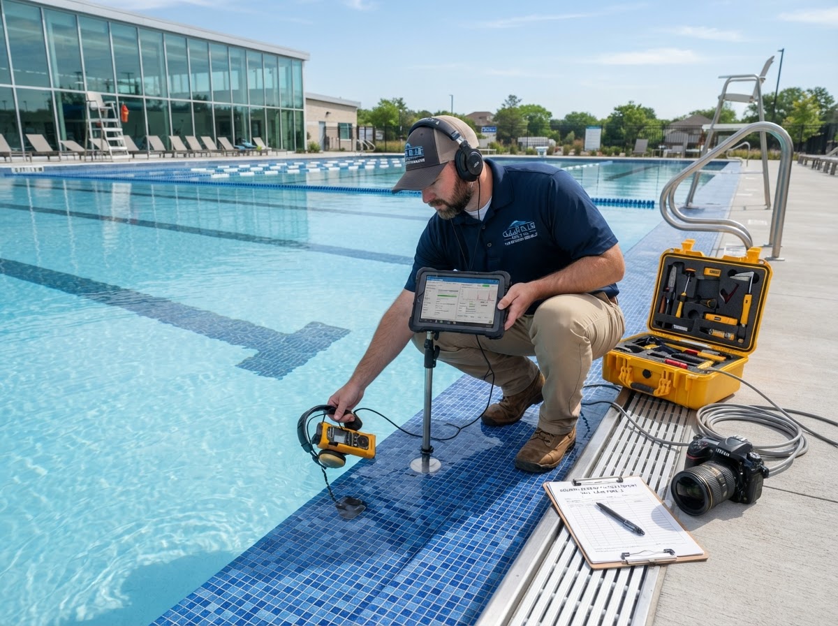 Technician documenting pool leak inspection for insurance report