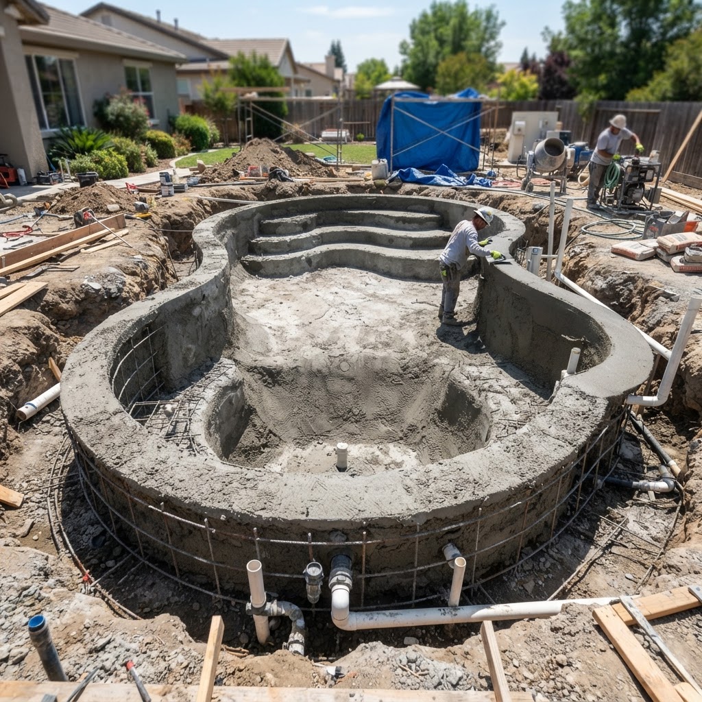 Pool Shell — The structural body of the pool, typically made of gunite (sprayed concrete), fiberglass, or vinyl