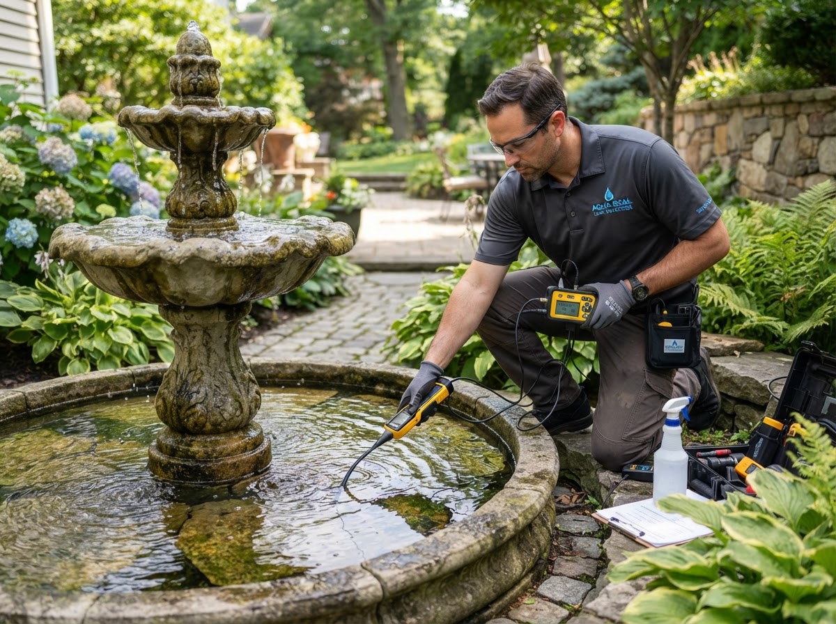 Technician inspecting a decorative fountain for leaks