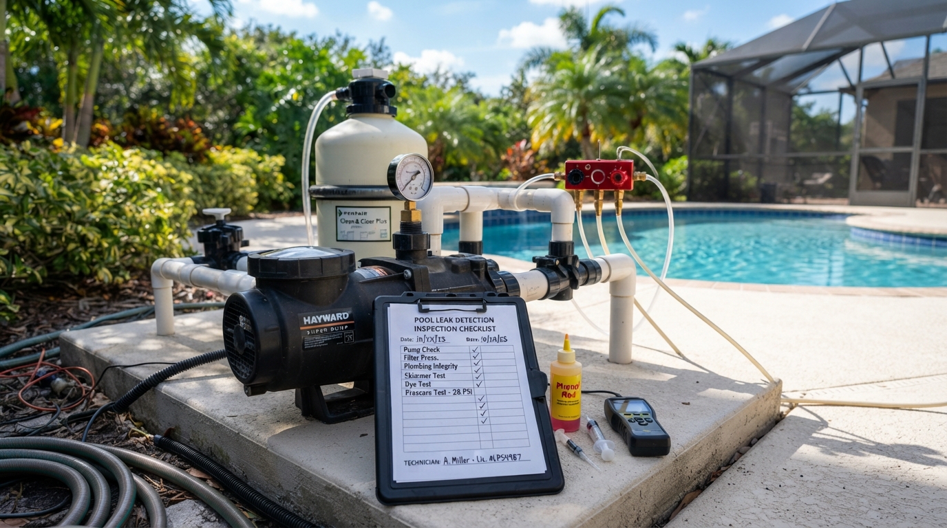 Pool leak detection inspection showing equipment pad pressure gauge and pool in the background