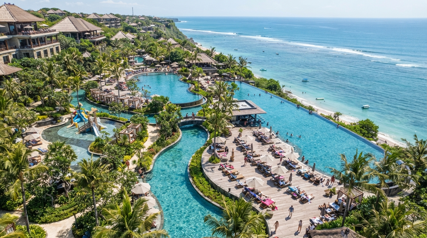 Commercial resort pool at a hotel with infinity edge