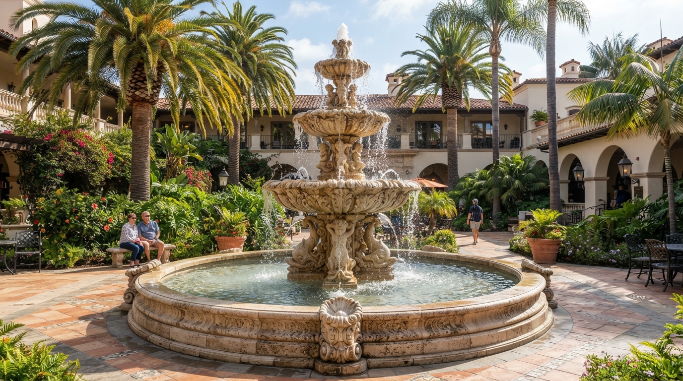 Decorative multi-tier fountain in a resort courtyard