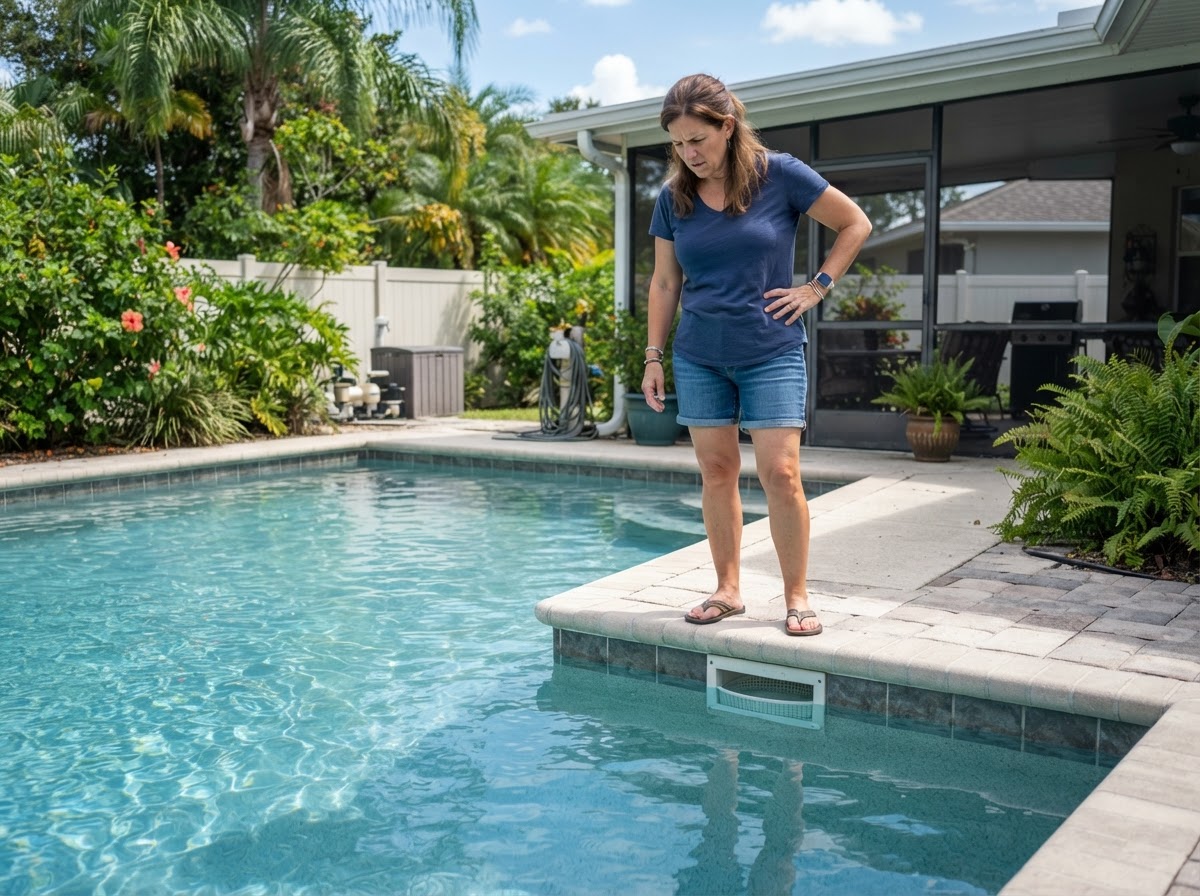 Homeowner inspecting their pool trying to figure out what's wrong