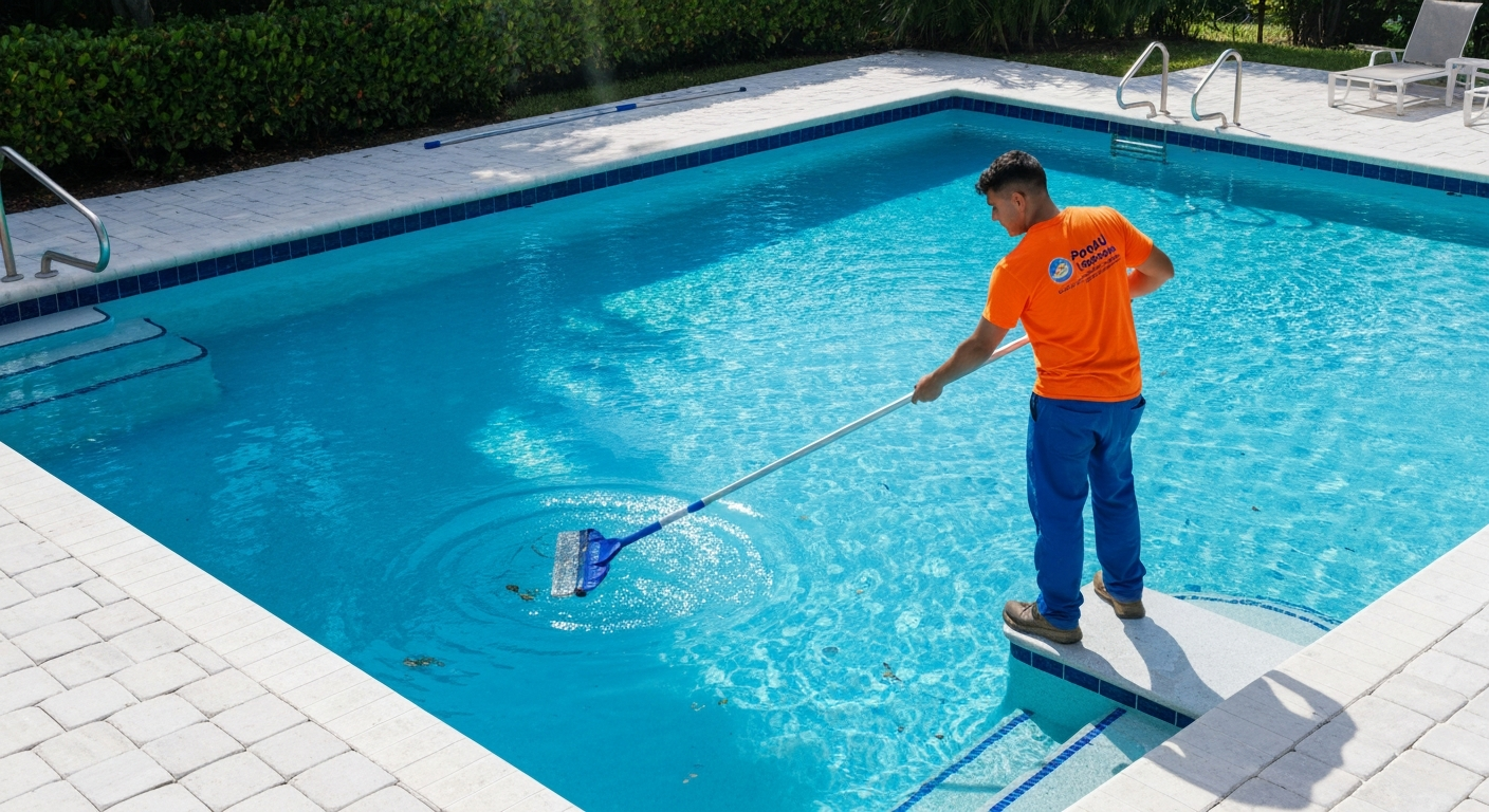 Pool maintenance technician cleaning a residential swimming pool