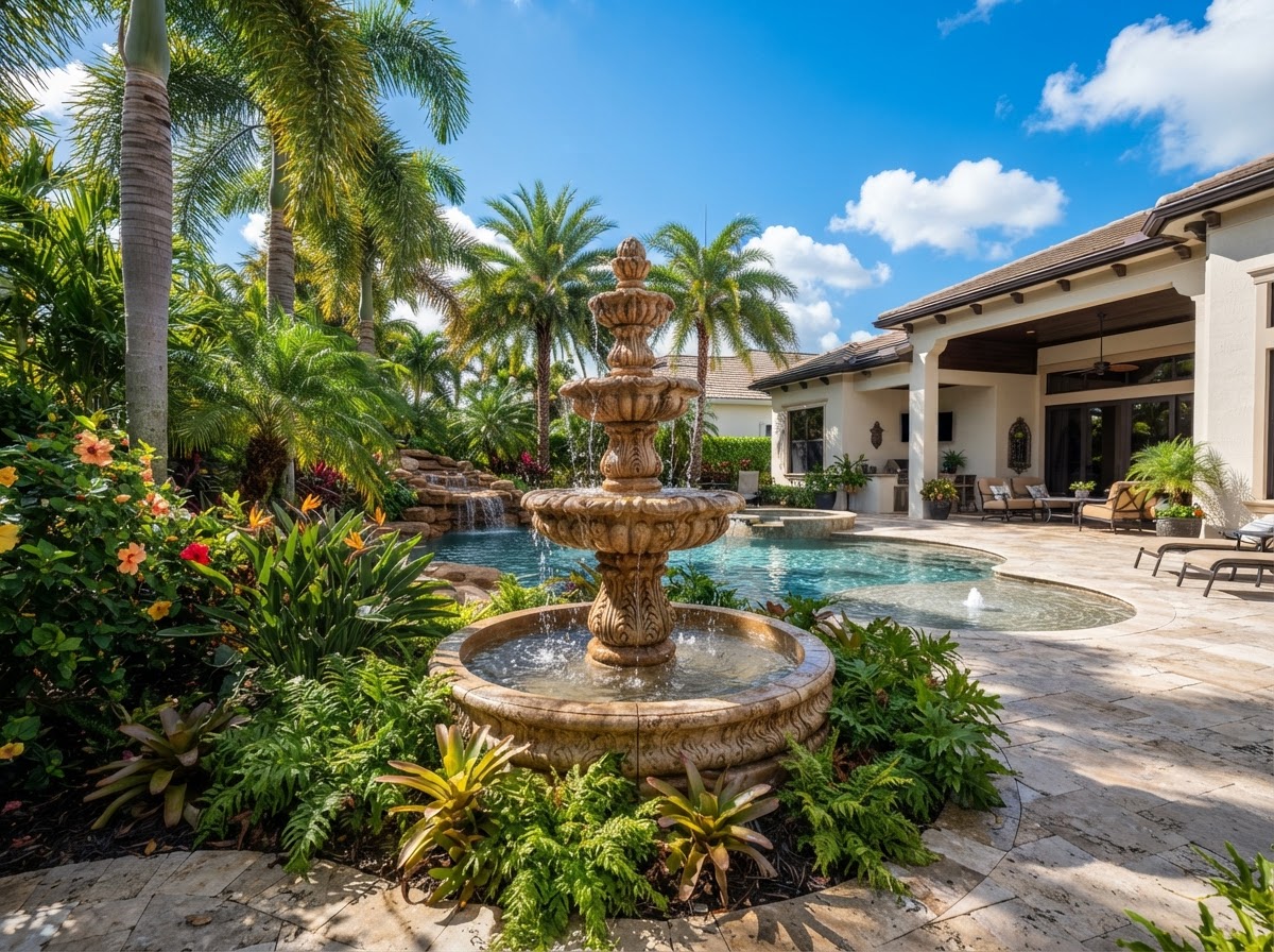 Elegant three-tier stone fountain in a sunny Florida residential backyard with palm trees and tropical landscaping