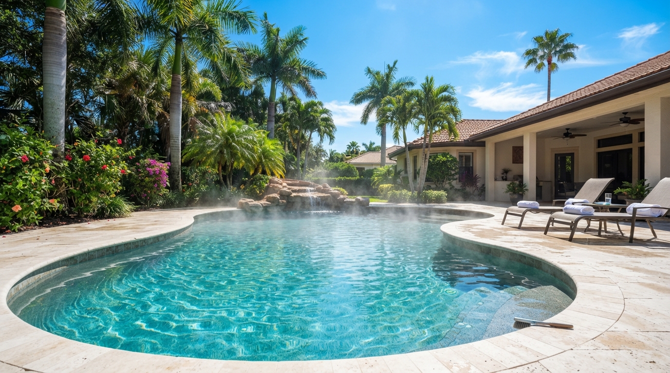 Swimming pool losing water to evaporation on a hot sunny Florida day