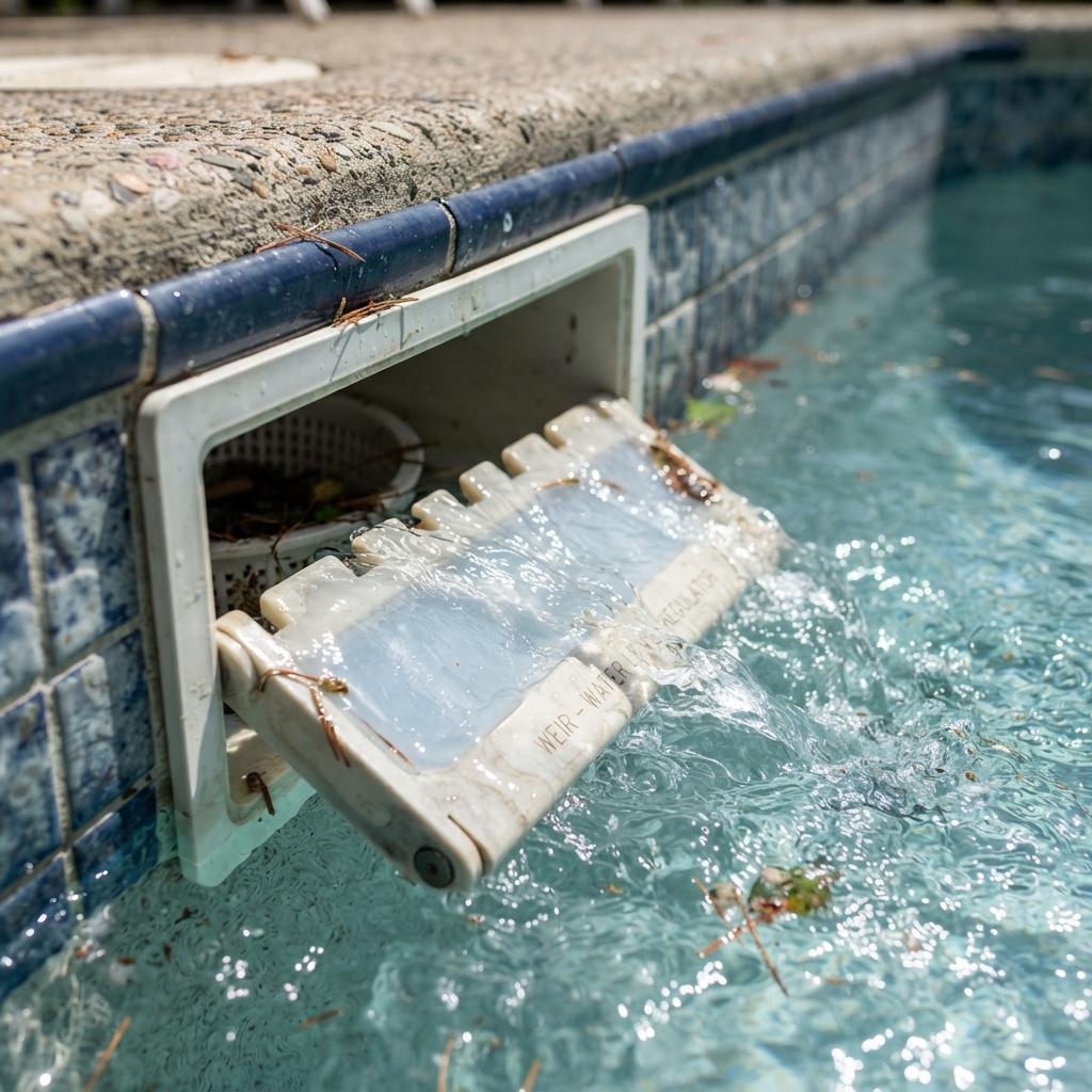 Weir — The small flapper door inside the skimmer that regulates water flow and prevents debris from floating back into the pool when the pump turns off