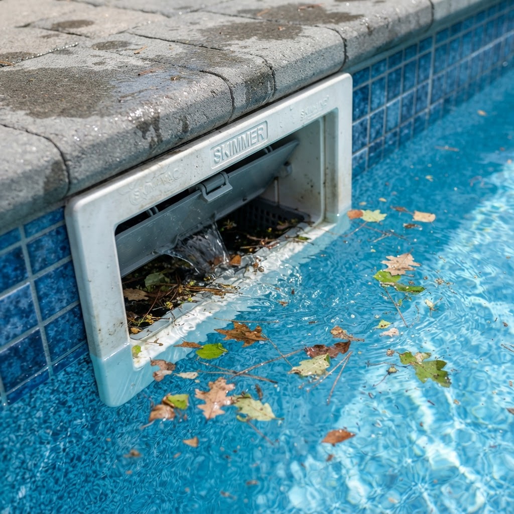Skimmer — A rectangular opening on the side of the pool that draws surface water into the filtration system, capturing floating debris before it sinks