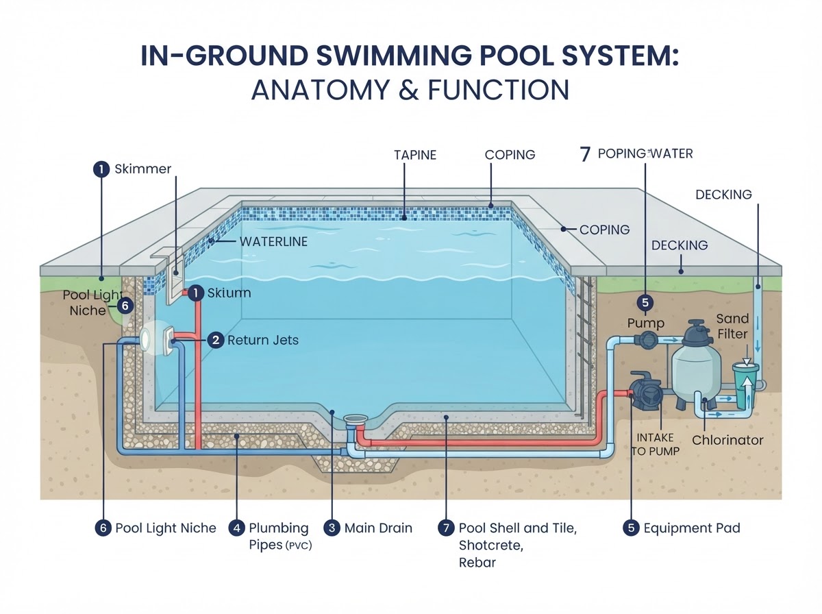 Cross-section diagram of a swimming pool system showing numbered parts including skimmer, return jets, main drain, underground plumbing, equipment pad, pool light, and pool shell