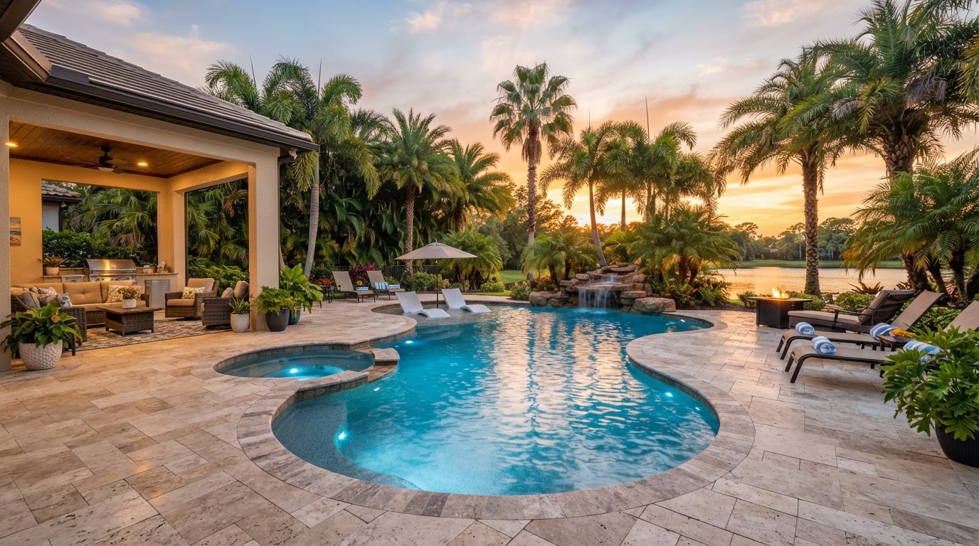 Central Florida swimming pool at sunset