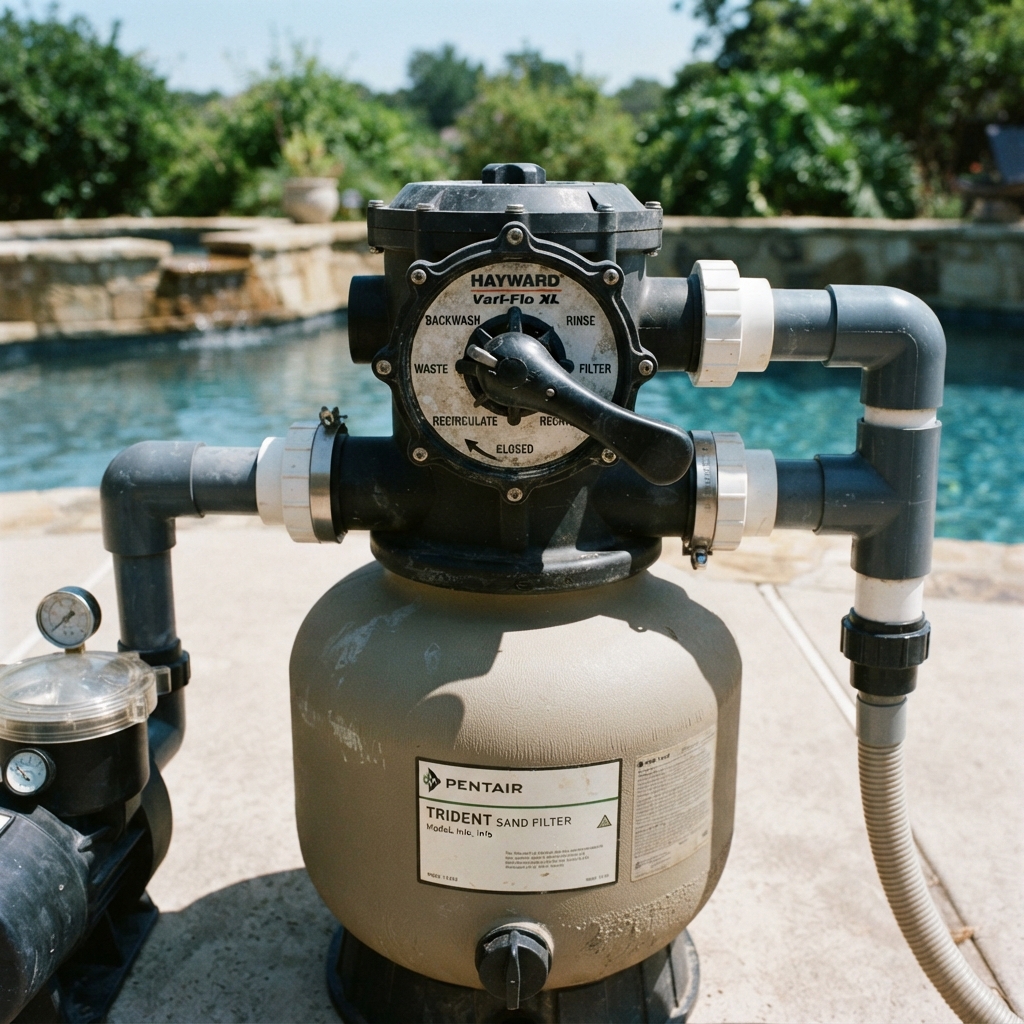 Multiport Valve — A valve on sand and DE filters that controls the direction of water flow — filter, backwash, rinse, waste, recirculate, or closed