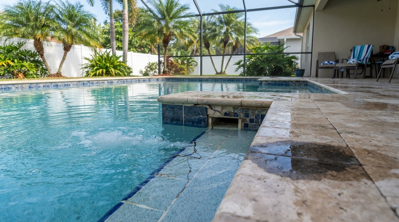 Warning signs of a swimming pool leak including cracked tile and wet deck spots