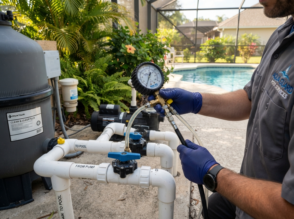 Pool inspection technician pressure testing pool plumbing lines