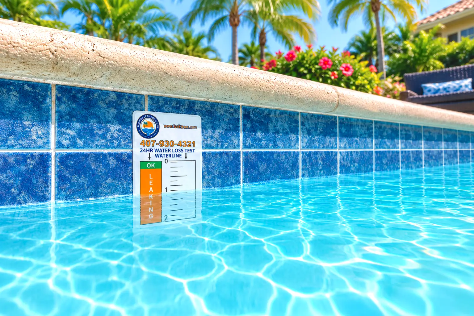 Florida Leak Locators 24-Hour water loss test ruler sticker applied to pool tile to measure water loss