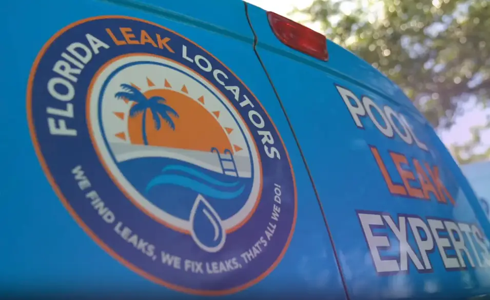 Florida Leak Locators service van with company logo arriving for a pool leak detection appointment