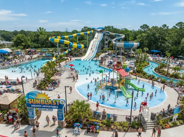 Commercial water park with water slides, play structure, and splash zones