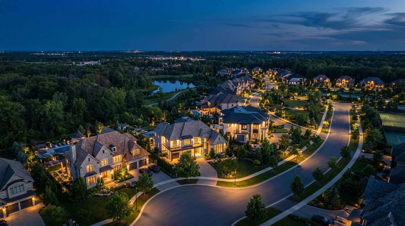 Aerial view of a residential neighborhood at dusk