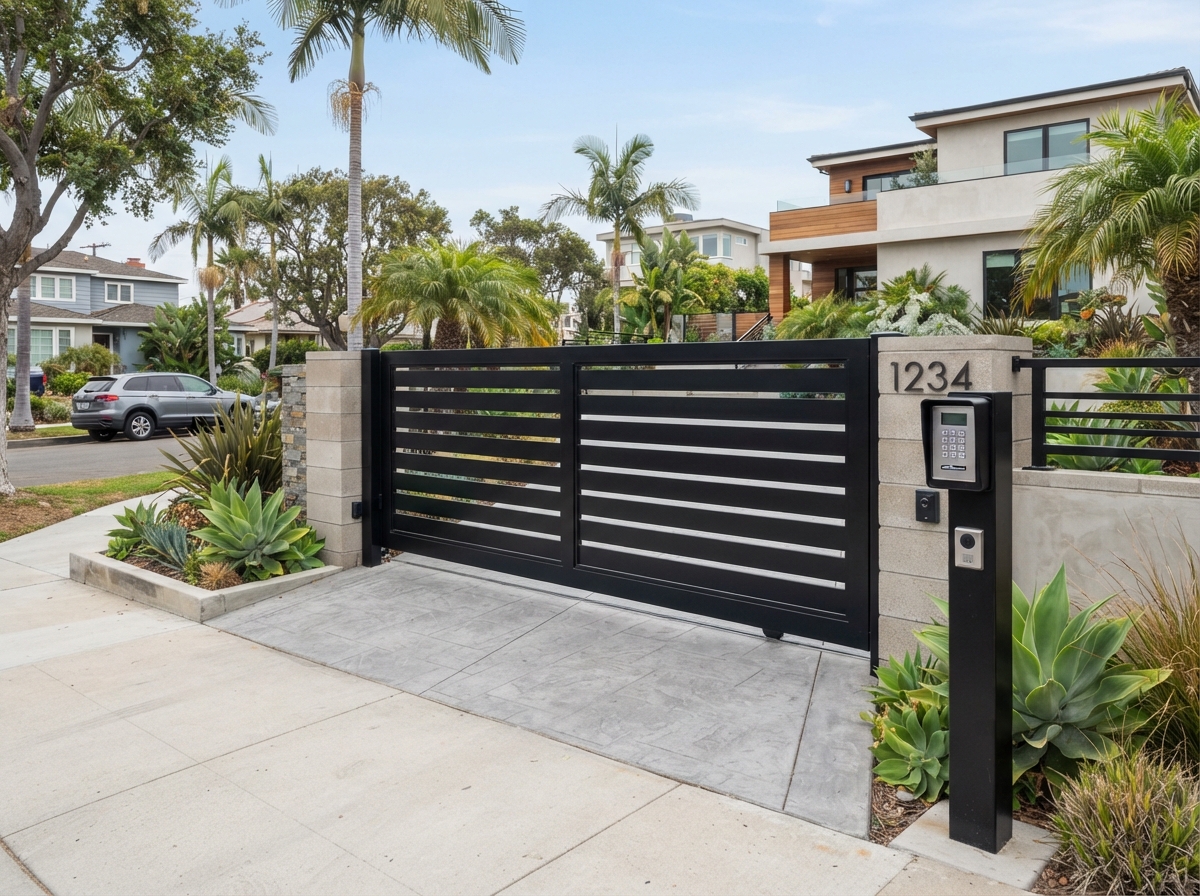 Long Beach Fences and Gates - Powder-Coated Metal Driveway Gate with LiftMaster - Belmont Shore