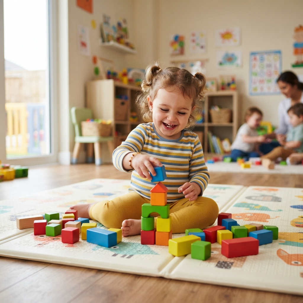 Toddler happily playing with colorful building blocks