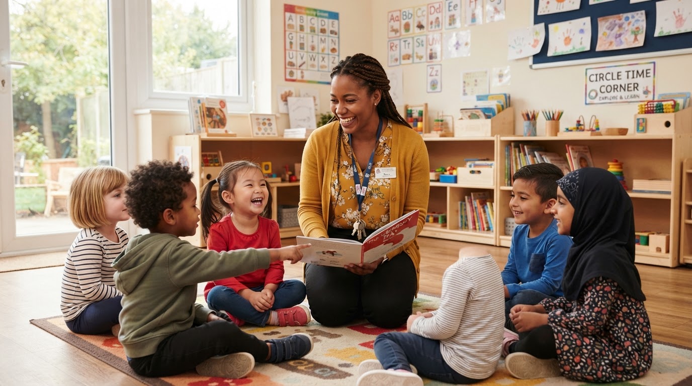 Bright Start Learning Center teacher warmly interacting with children in a welcoming Oklahoma City classroom