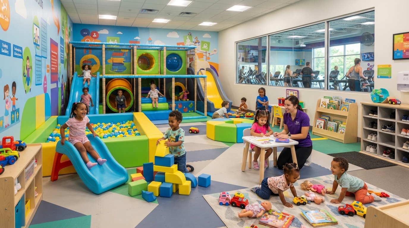 Bright cheerful Kids Club play area inside Fitness Premier Highlands Ranch