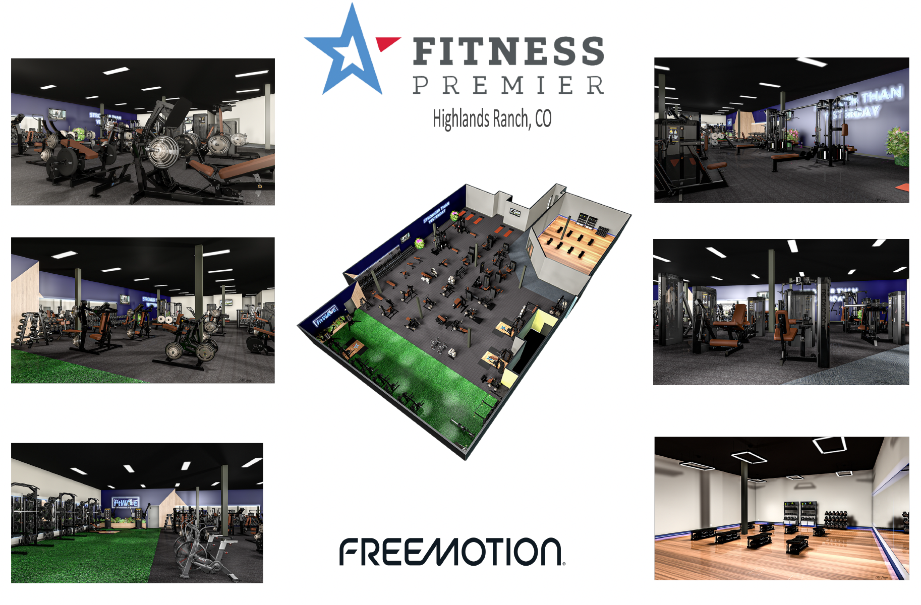 Facility overview showing all training areas including strength, cardio, functional training, and group fitness spaces
