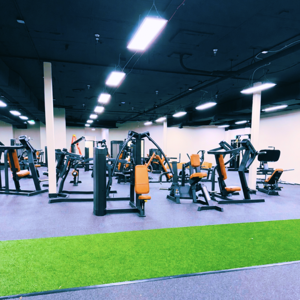 Strength training machines with green turf functional lane
