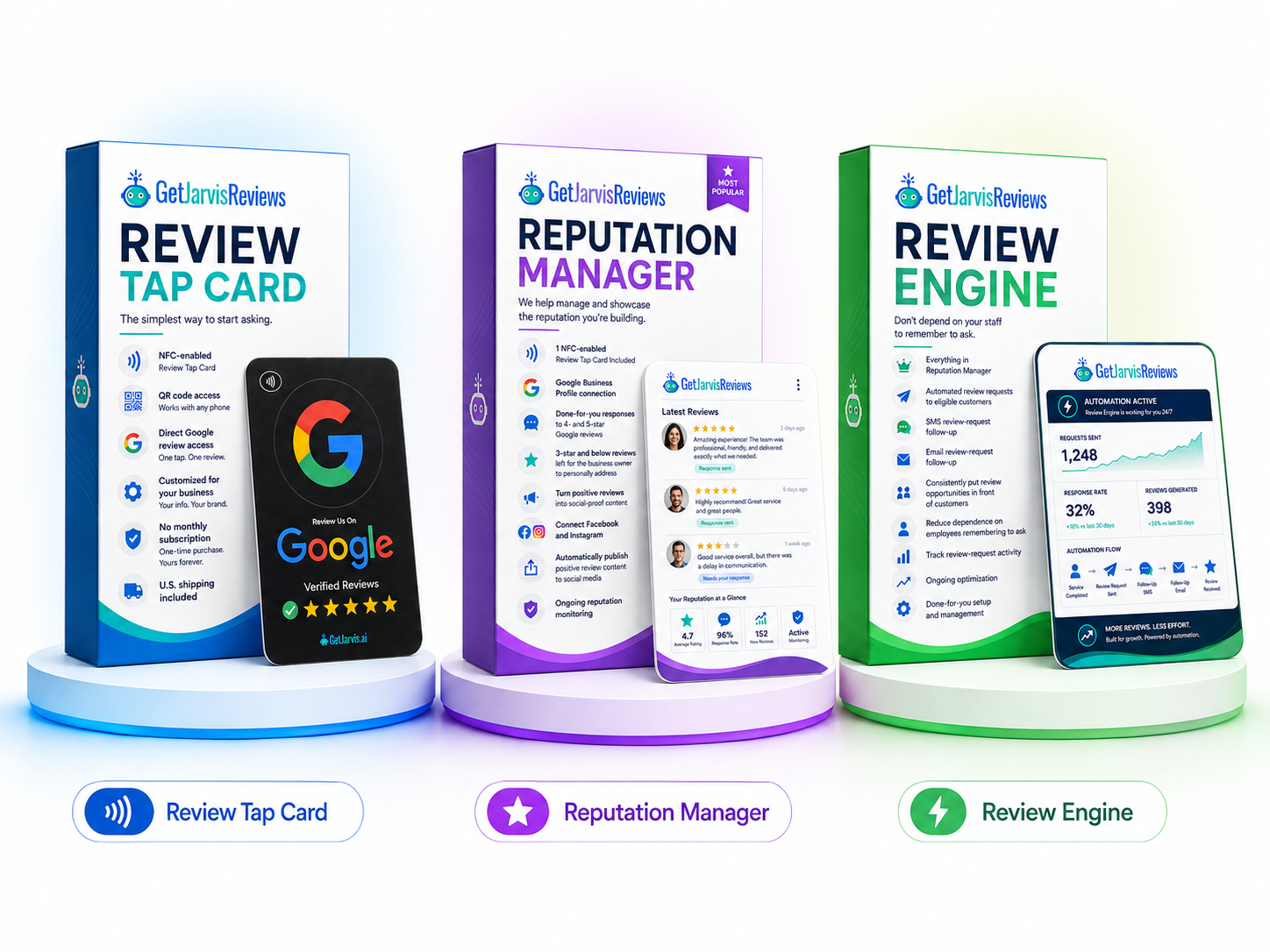 GetJarvisReviews Review Tap Card, Reputation Manager, and Review Engine product boxes