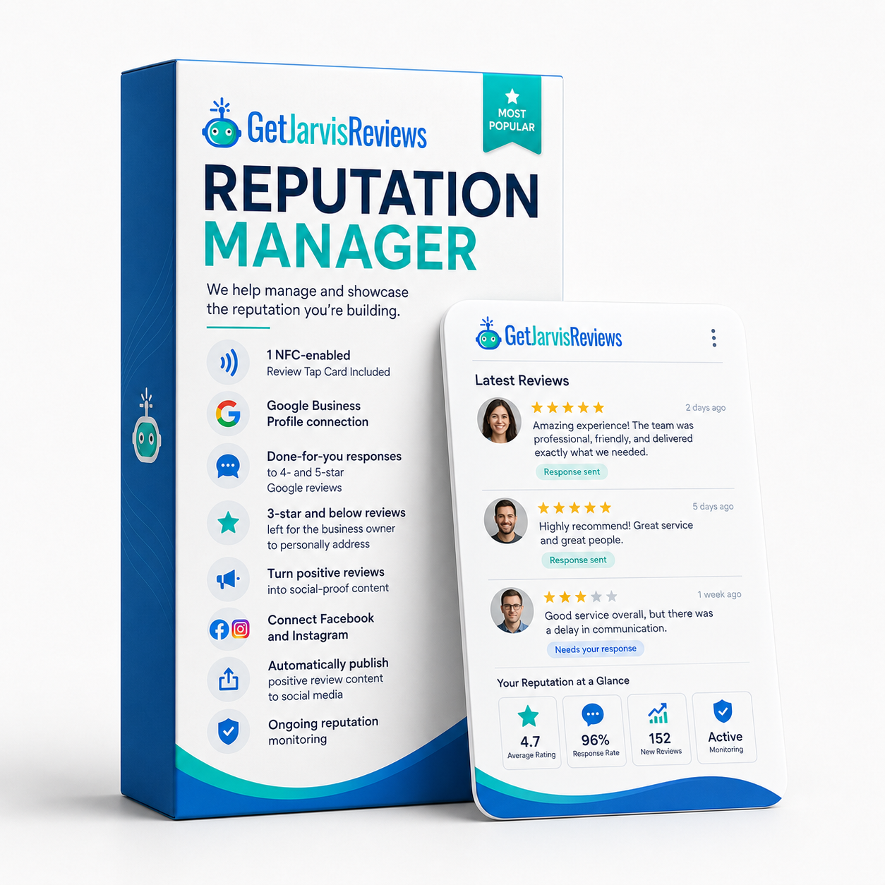 GetJarvisReviews Reputation Manager Product Box and Dashboard