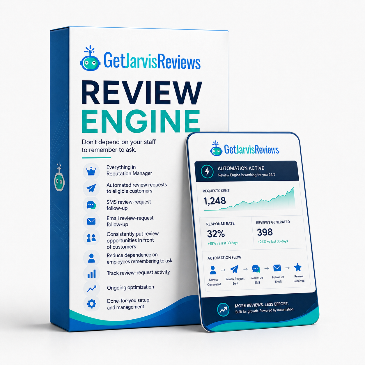 GetJarvisReviews Review Engine Product Box and Dashboard