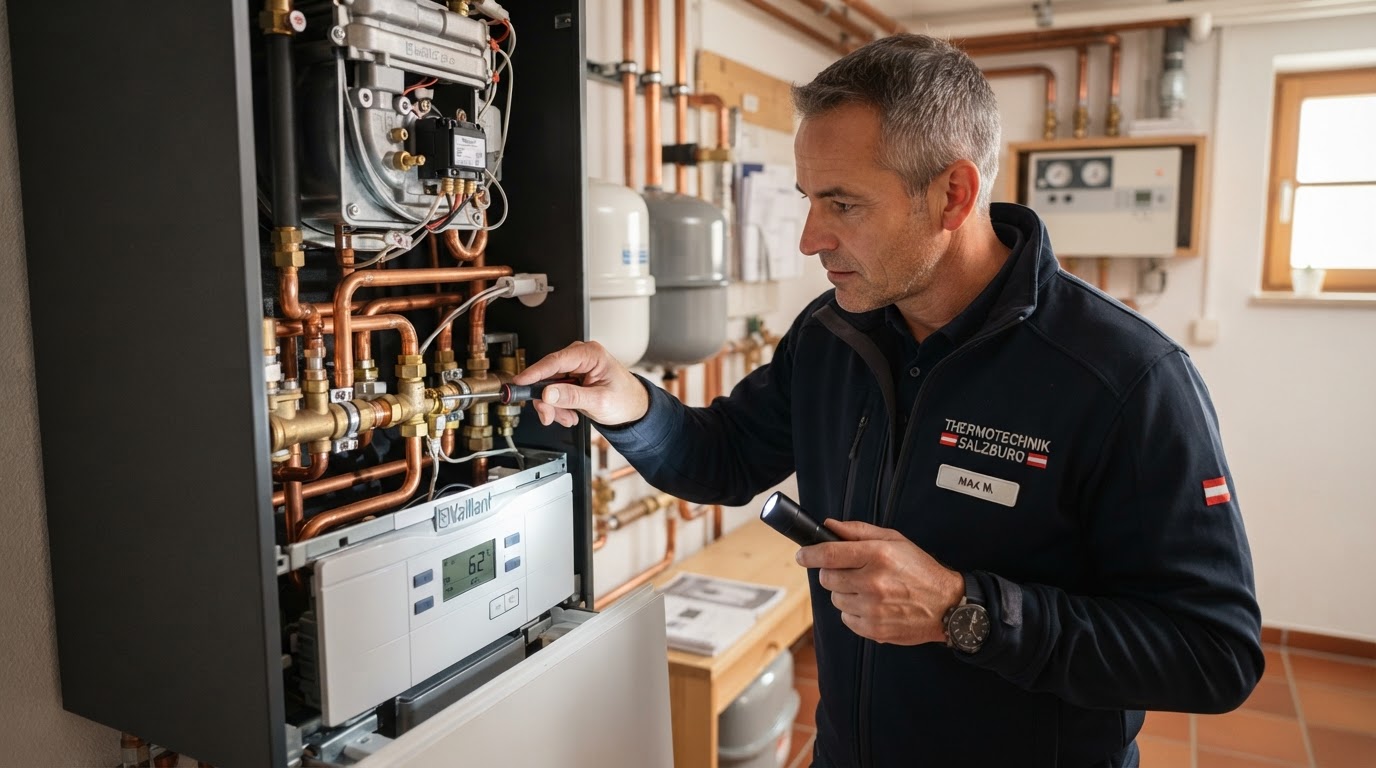 Macher Installateur Heizungstechniker bei der Thermenwartung in Wien