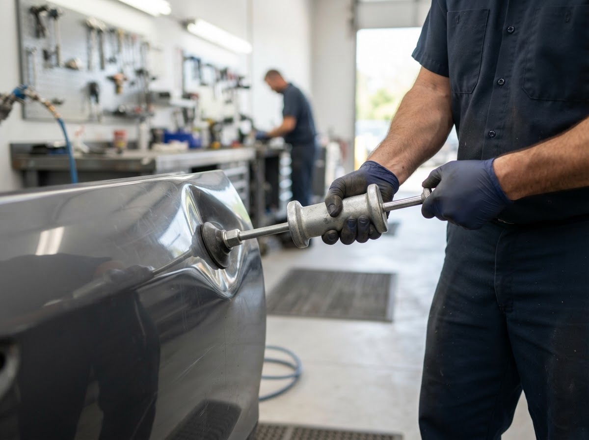 Pro Speed Auto Body technicians performing collision repair on vehicle frame