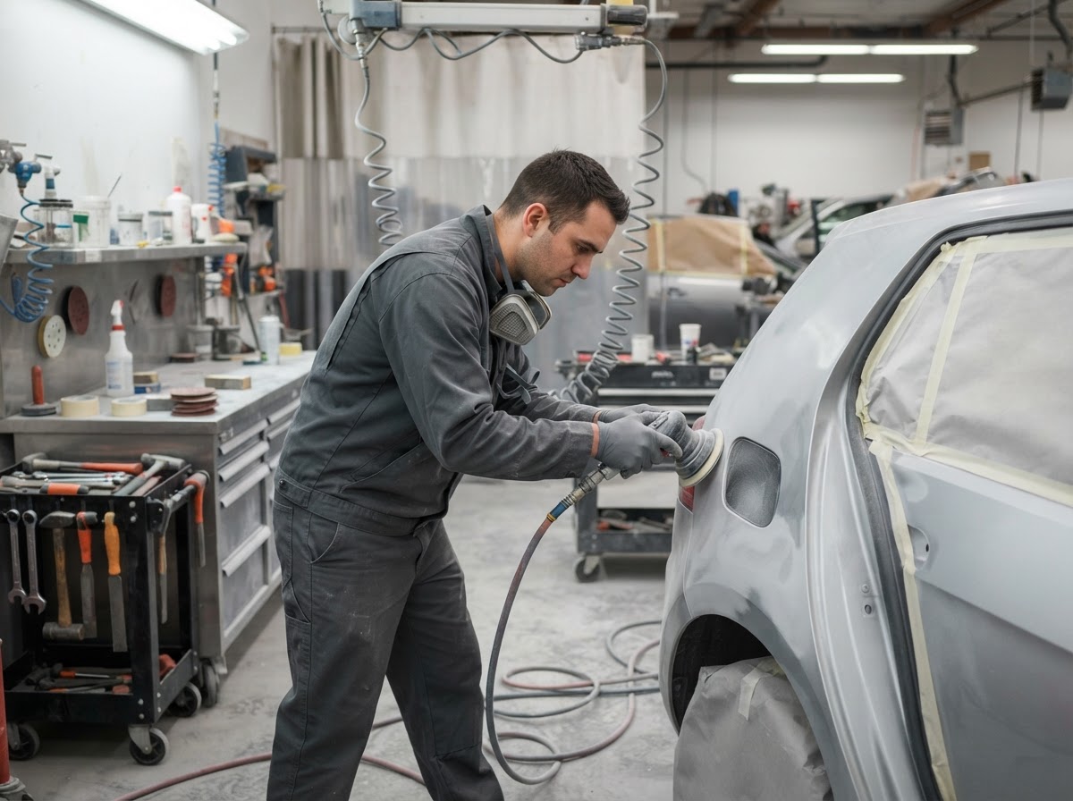 Close-up of precision auto body repair work being performed